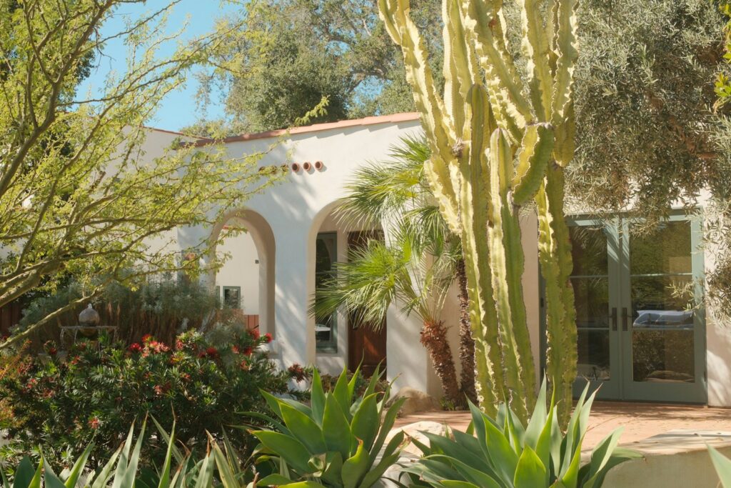 One of several xeriscaping ideas in action: a Spanish-style house with agave, organ-pipe cactus, and palms replacing thirsty lawn