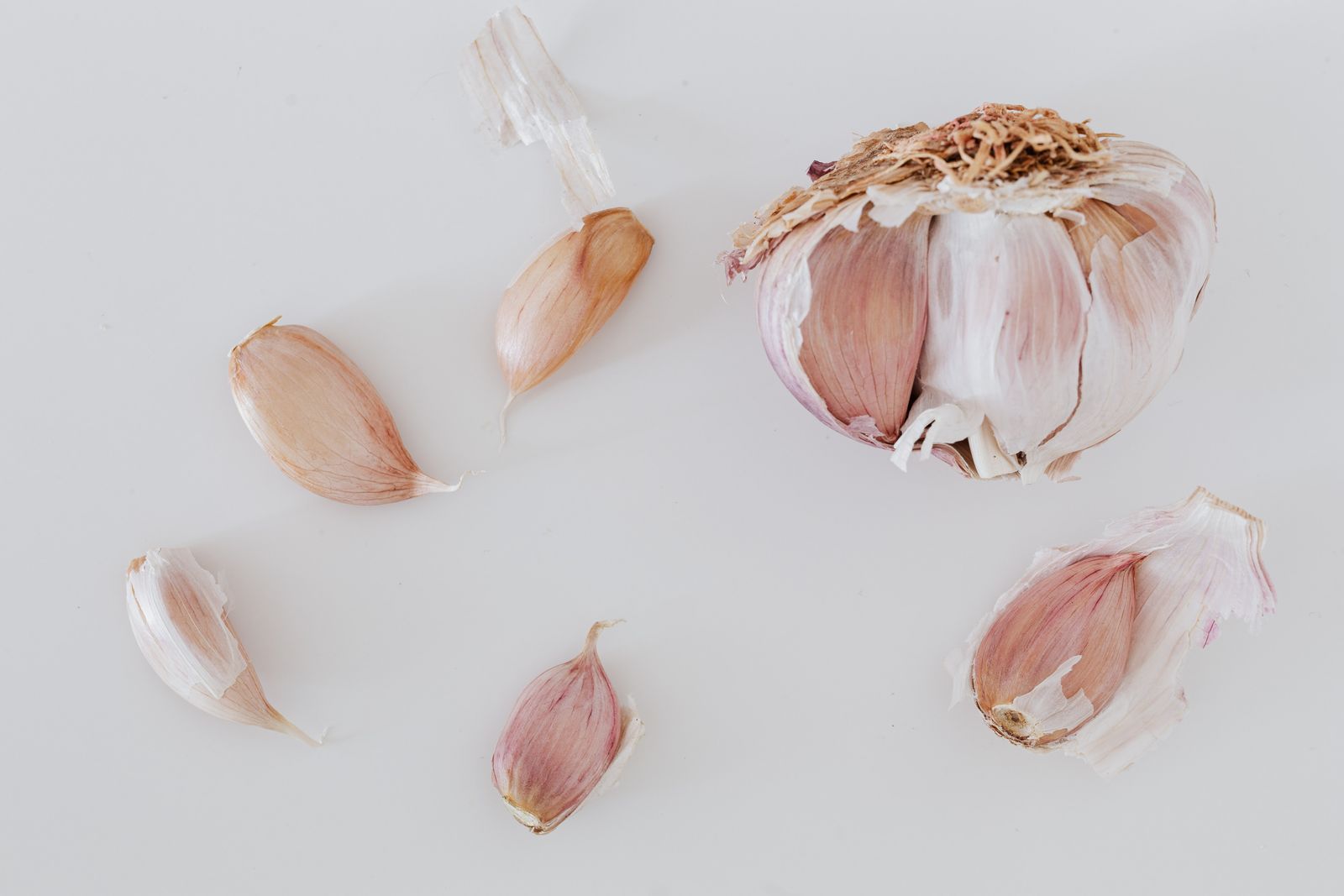 A garlic bulb broken open next to separated cloves in their papery skins, ready for planting